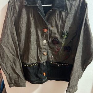 USINDO Women's Embroidered Denim Jacket Size Medium Floral Applique Button Front